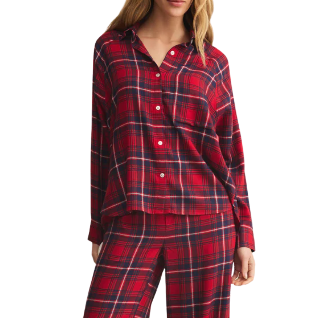 RIVER PLAID BUTTON UP HAUTE RED