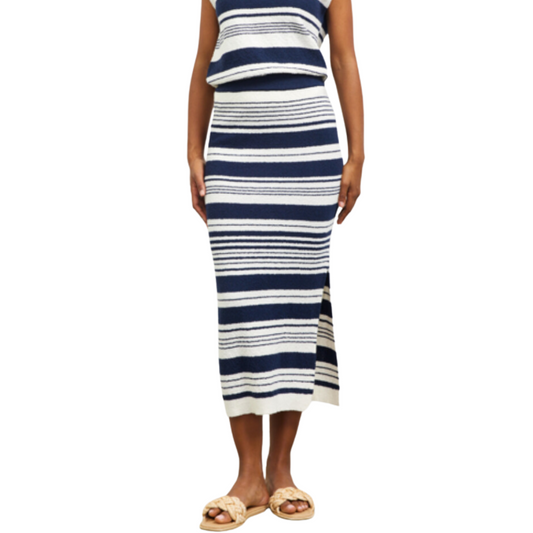 MULTI STRIPE MIDI KNIT SKIRT NAVY