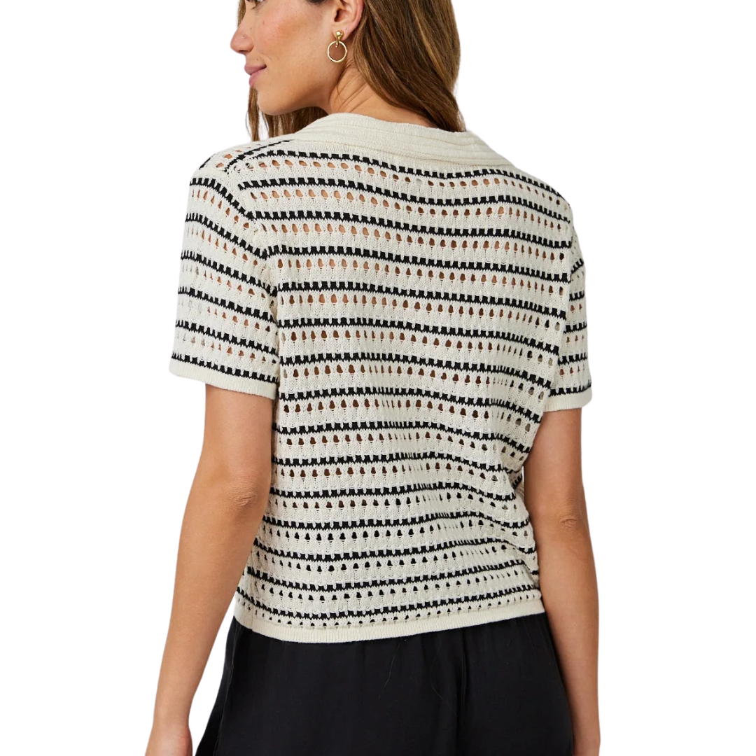 COLLARED POPOVER SWEATER IVORY/BLACK