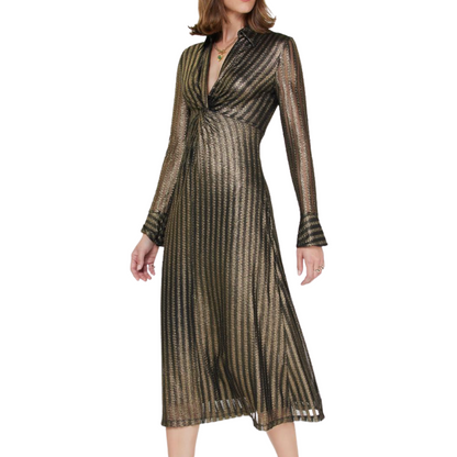 LONG SLEEVE TWIST FRONT MIDI DRESS BLACK/GOLD