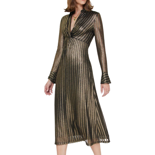 LONG SLEEVE TWIST FRONT MIDI DRESS BLACK/GOLD