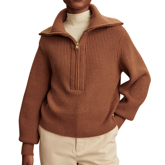 MAURA HALF ZIP RIB KNIT CARAMEL PECAN