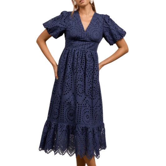 EYELET SMOCKED BACK MIDI DRESS NAVY