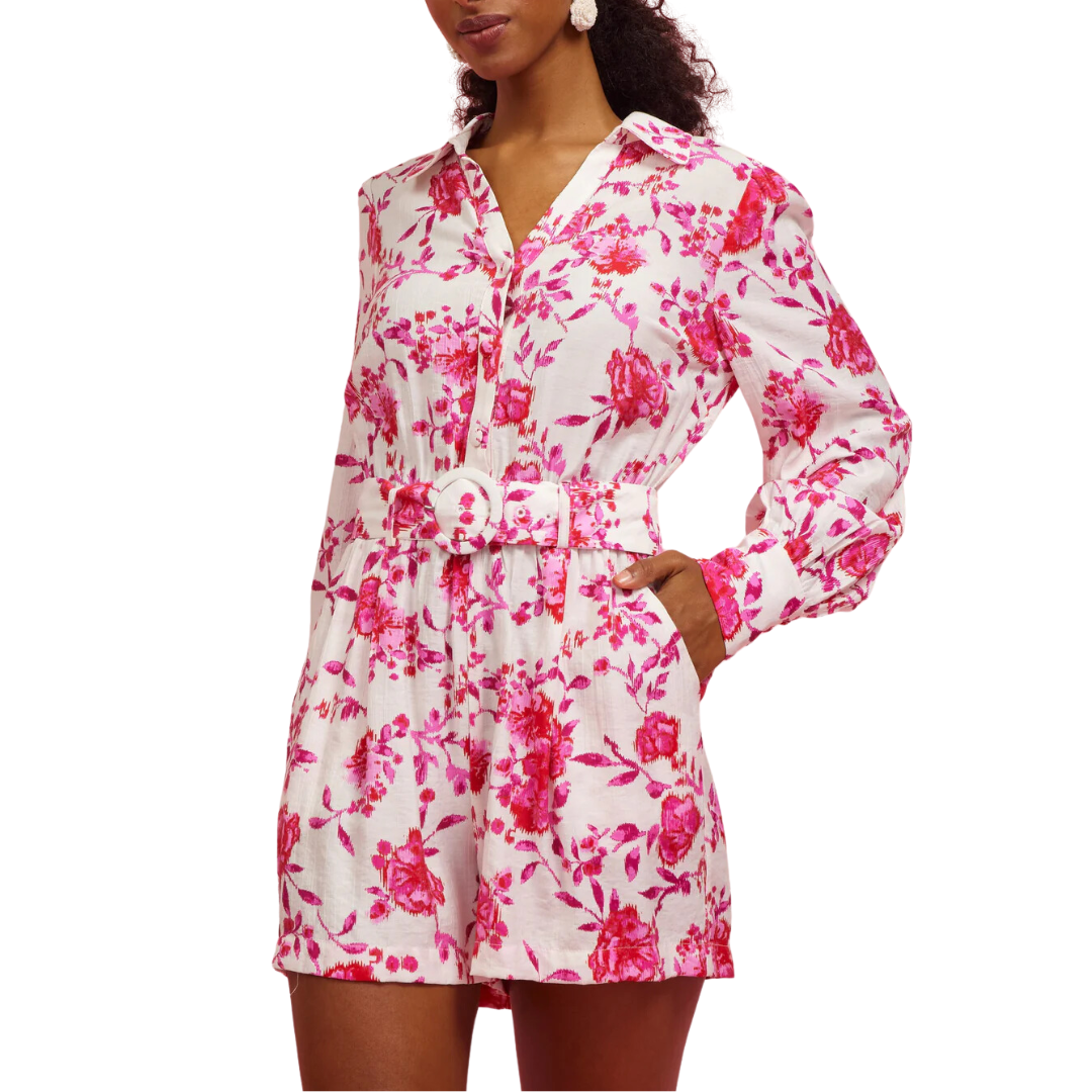 LONG SLEEVE FLORAL BUTTONDOWN ROMPER FUSCHIA