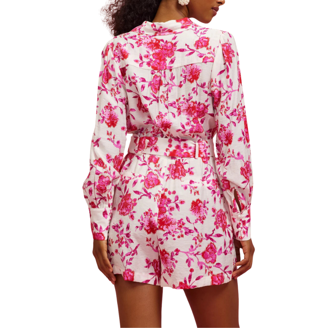 LONG SLEEVE FLORAL BUTTONDOWN ROMPER FUSCHIA