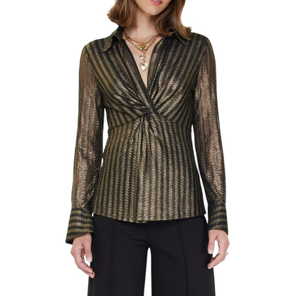 LONG SLEEVE VNECK BLOUSE BLACK/GOLD