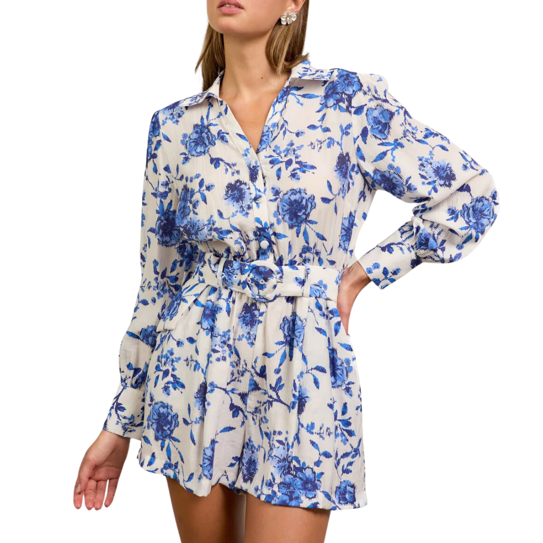 LONG SLEEVE FLORAL BUTTONDOWN ROMPER BLUE