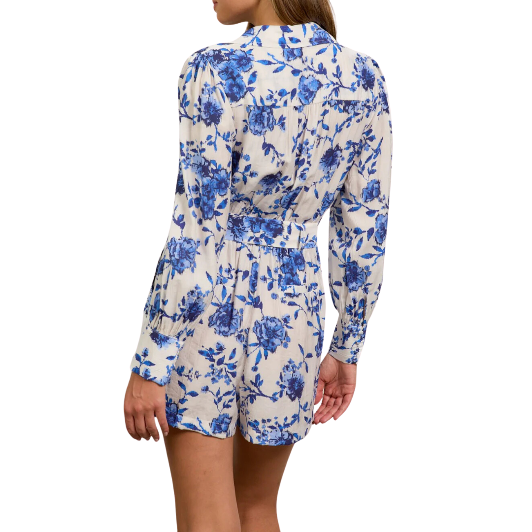 LONG SLEEVE FLORAL BUTTONDOWN ROMPER BLUE