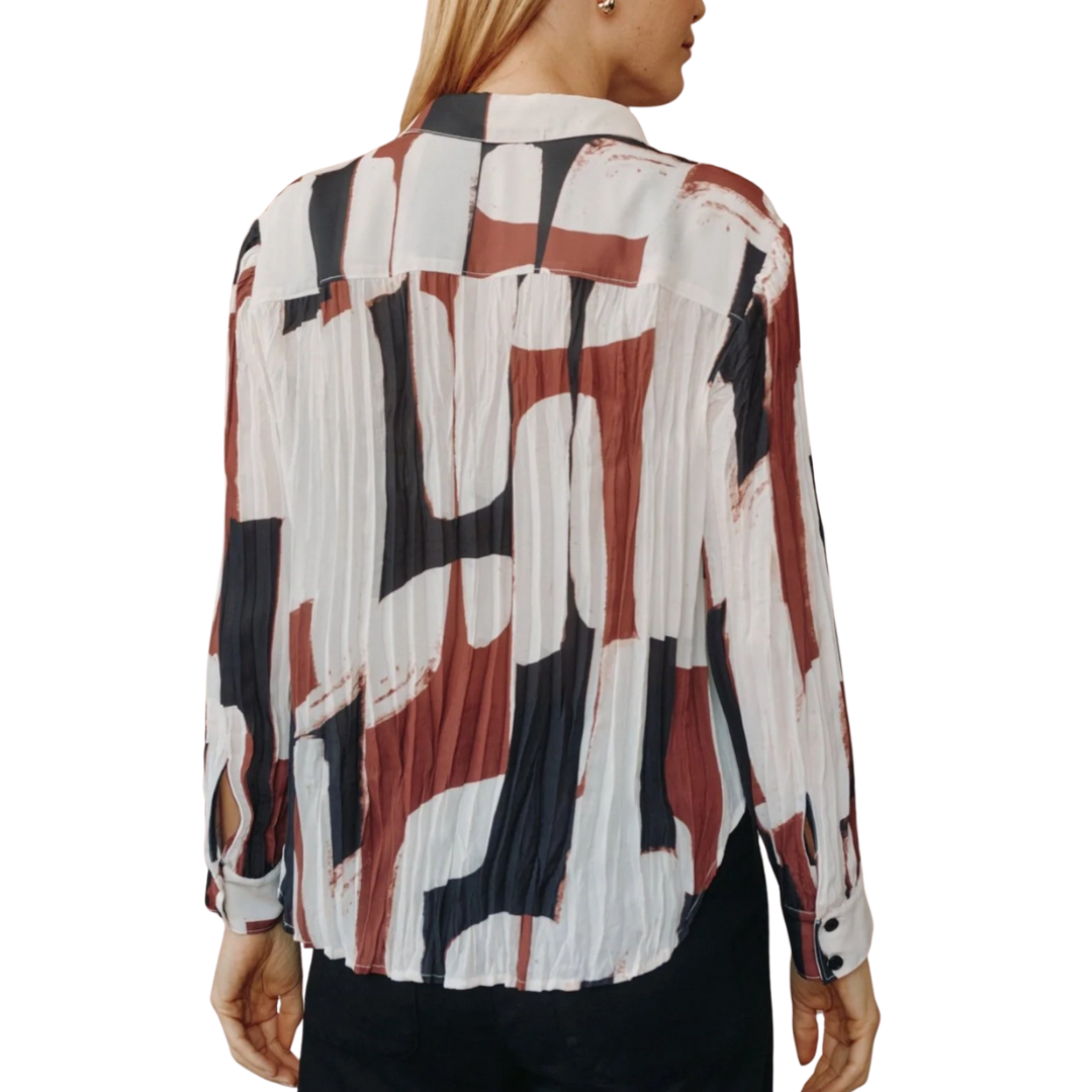 PLEATED PRINTED BUTTON DOWN MODERN ART PRINT