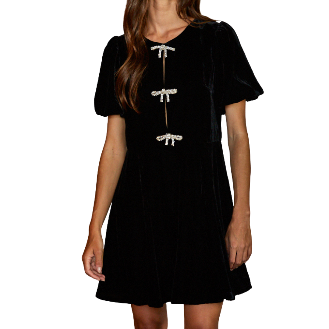 VELVET SPARKLE BOW MINI DRESS