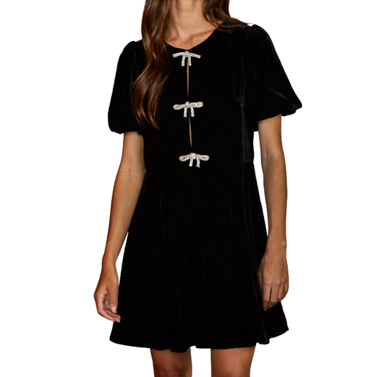 VELVET SPARKLE BOW MINI DRESS