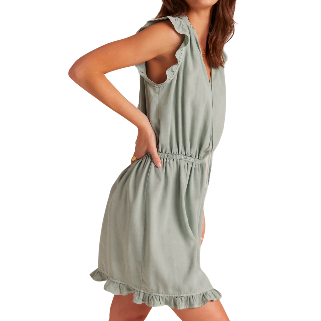 RUFFLE SLEEVE MINI DRESS GREEN OASIS GREEN