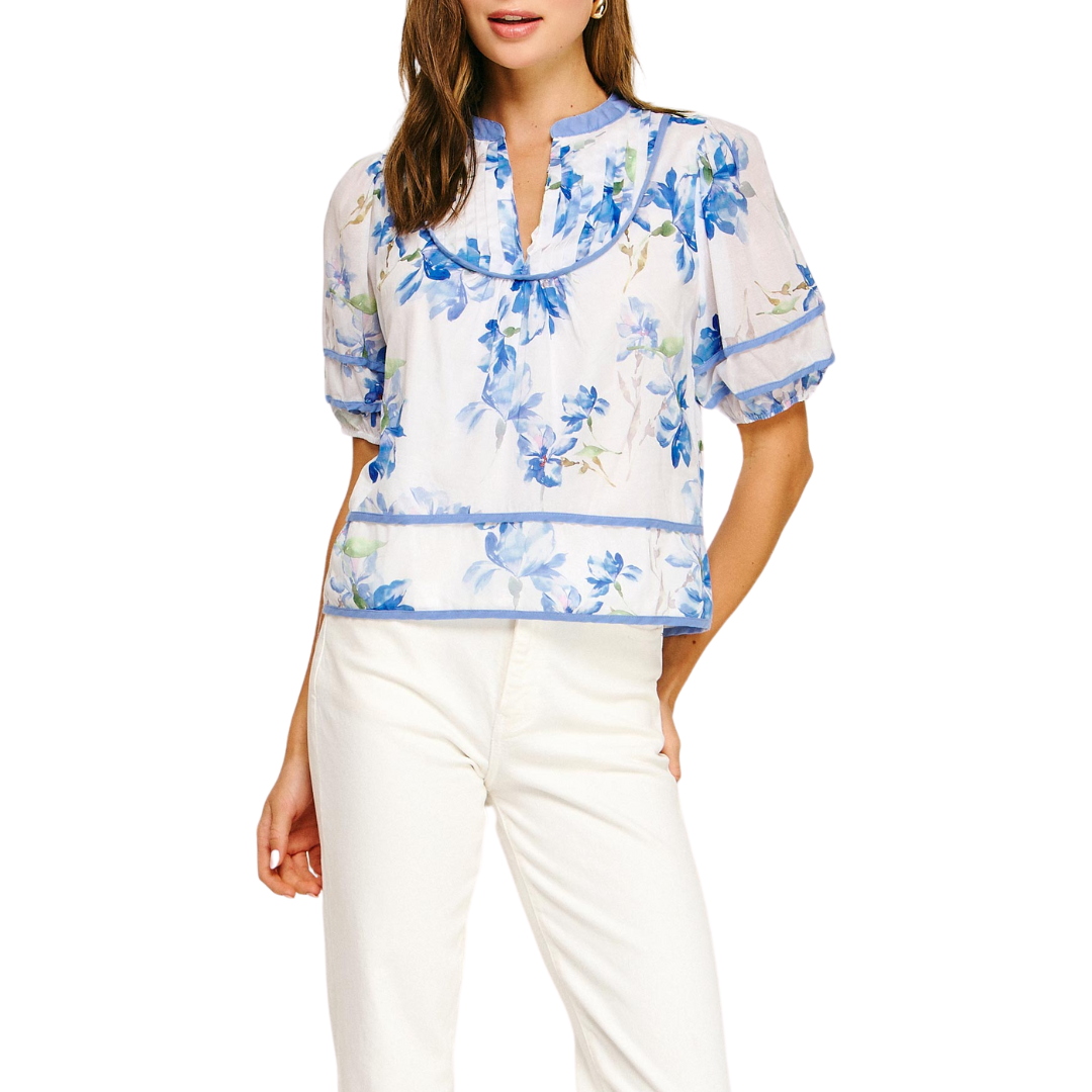 FLORAL PUFF SLEEVE TOP BLUE
