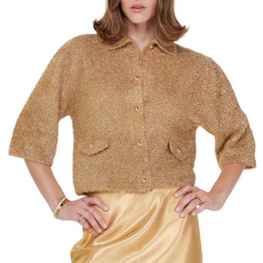 FUZZY METALLIC SWEATER CARDIGAN GOLD