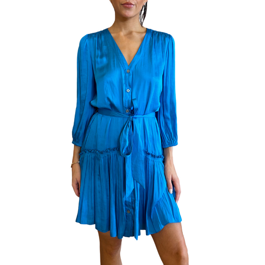 LONG SLEEVE VNECK RUFFLE MINI DRESS BLUE