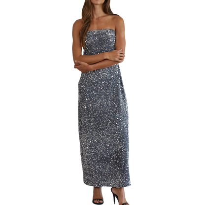 SEQUIN STRAPLESS PENCIL MAXI DRESS GREY