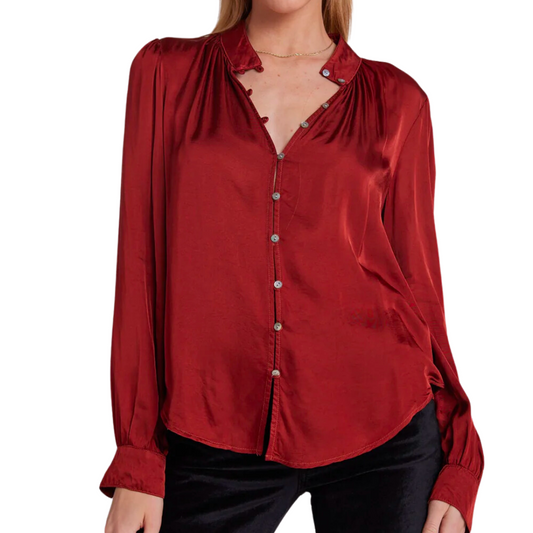 LONG SLEEVE SHIRRED BUTTON UP BLOUSE WARM BRANDY
