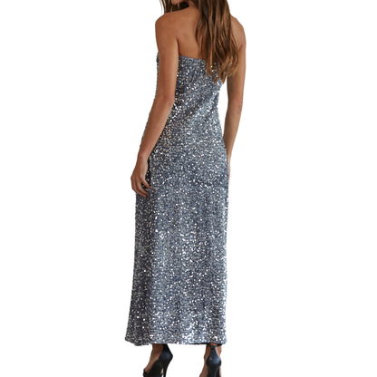 SEQUIN STRAPLESS PENCIL MAXI DRESS GREY