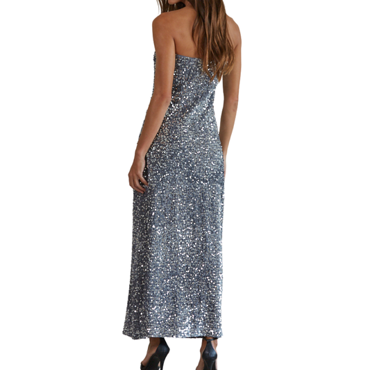 SEQUIN STRAPLESS PENCIL MAXI DRESS GREY