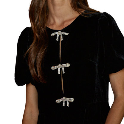 VELVET SPARKLE BOW MINI DRESS