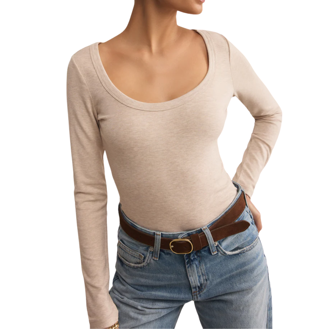 SECOND SKIN SCOOP NECK TOP OATMEAL HEATHER