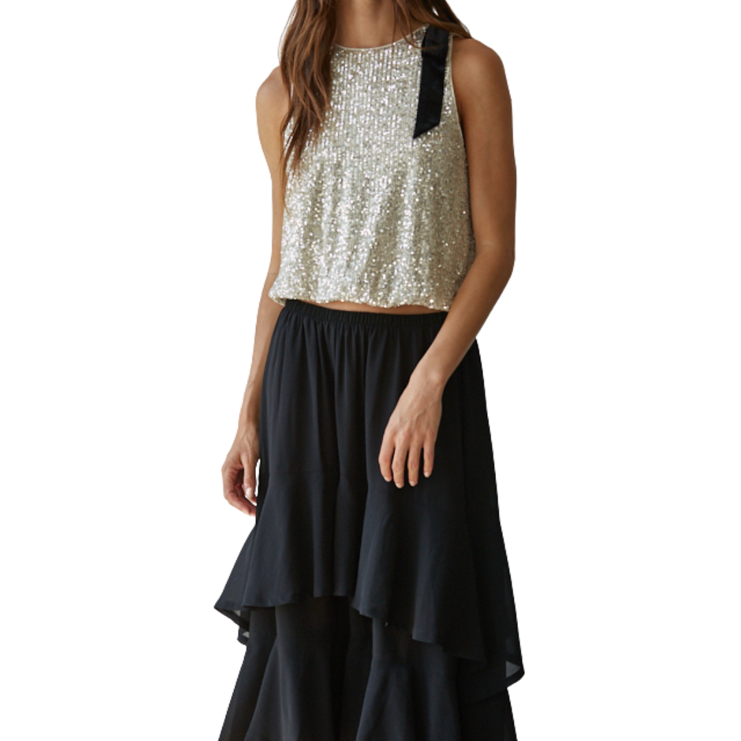 SEQUIN SLEEVELESS TOP WITH BOW GOLD/SILVER