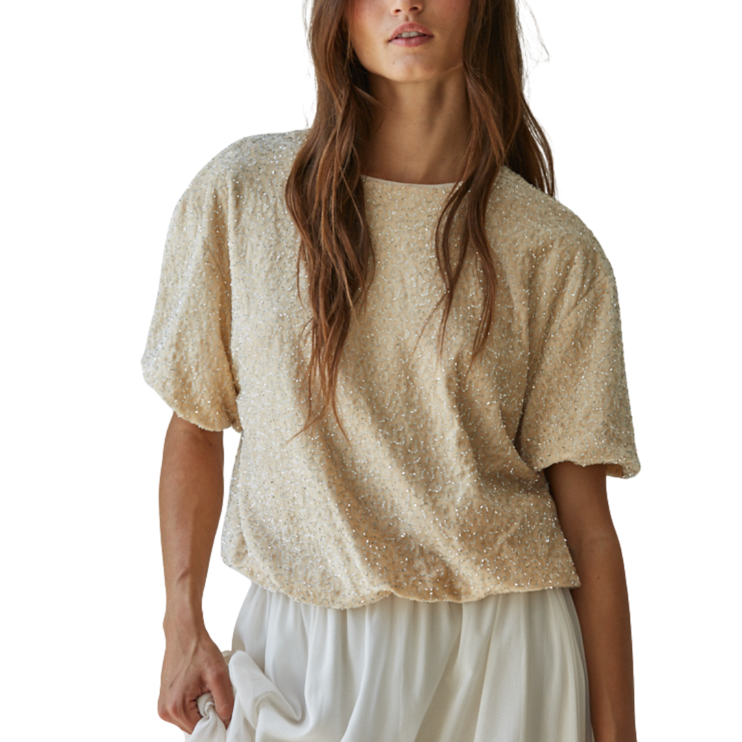 VELVET SEQUIN BUBBLE HEM TOP NATURAL
