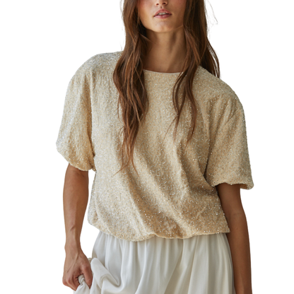 VELVET SEQUIN BUBBLE HEM TOP NATURAL