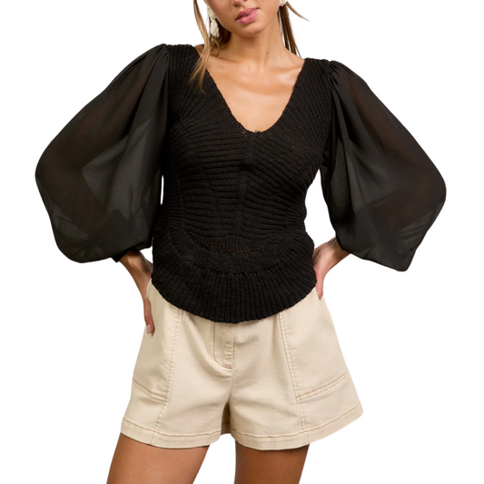 MIXED MEDIA SWEATER TOP BLACK