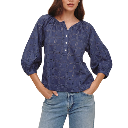 3/4 EYELET PULLOVER TOP INDIGO BLUE