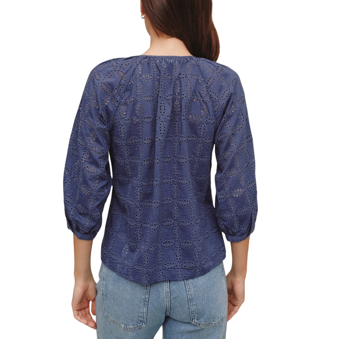 3/4 EYELET PULLOVER TOP INDIGO BLUE