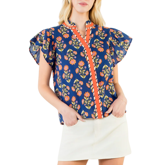 NAVY FLUTTER SLEEVE FLORAL TOP