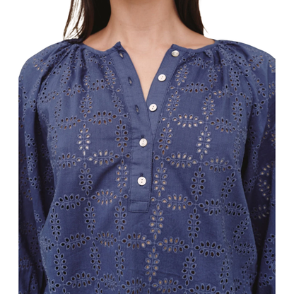 3/4 EYELET PULLOVER TOP INDIGO BLUE