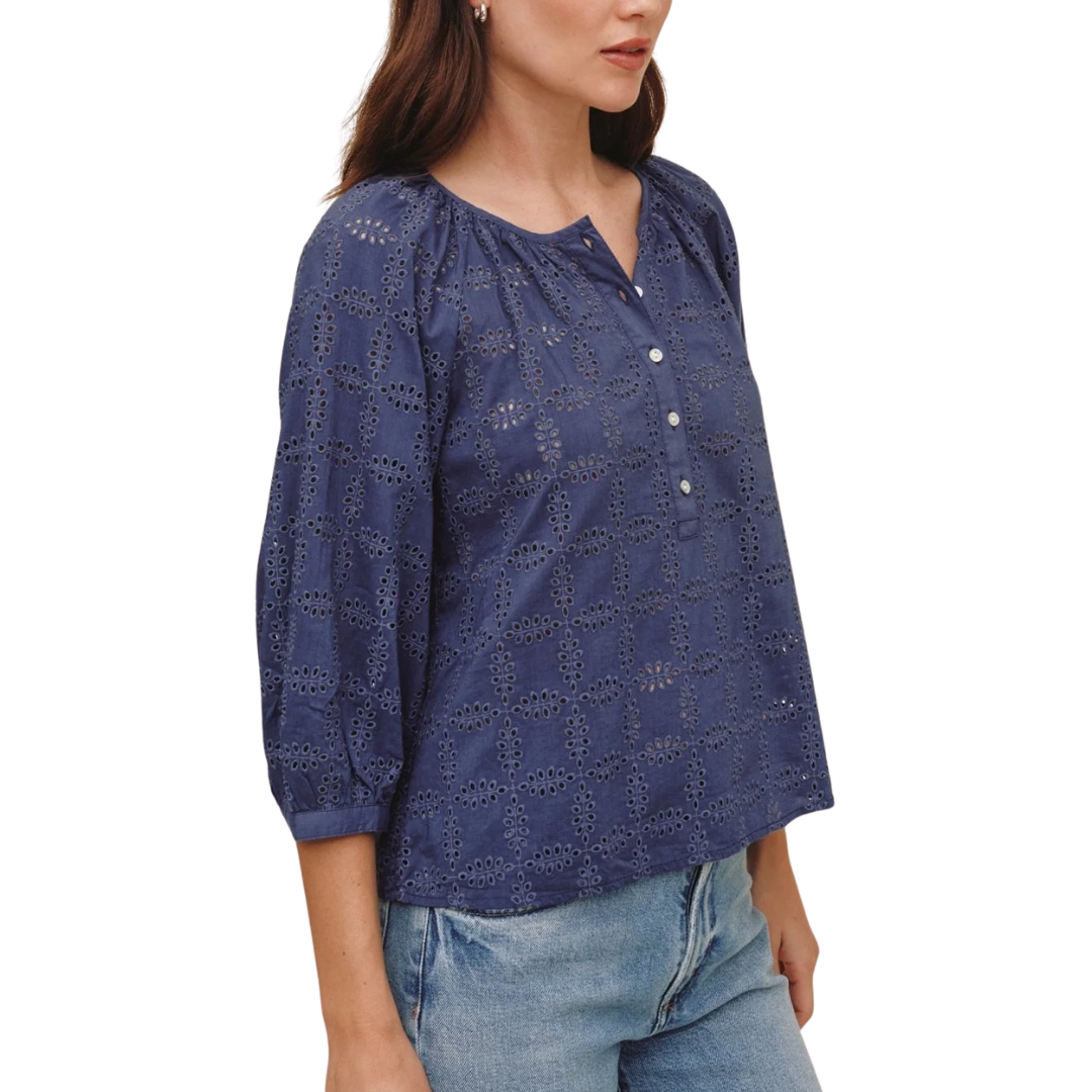3/4 EYELET PULLOVER TOP INDIGO BLUE