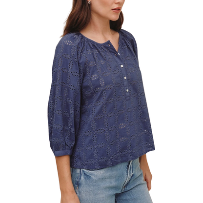 3/4 EYELET PULLOVER TOP INDIGO BLUE