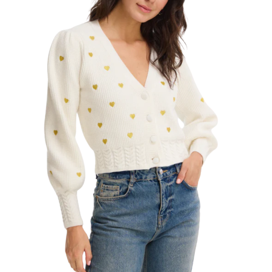 GOLD HEARTS PIPER CARDIGAN IVORY/GOLD