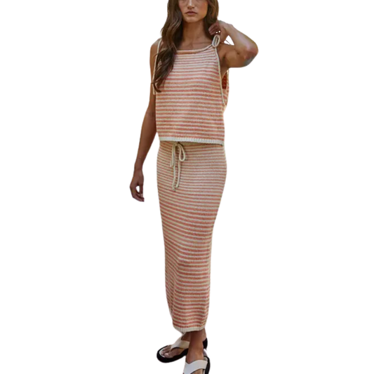 STRIPED MIDI SKIRT CORAL