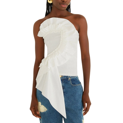 SMOCKED STRAPLESS TOP WHITE