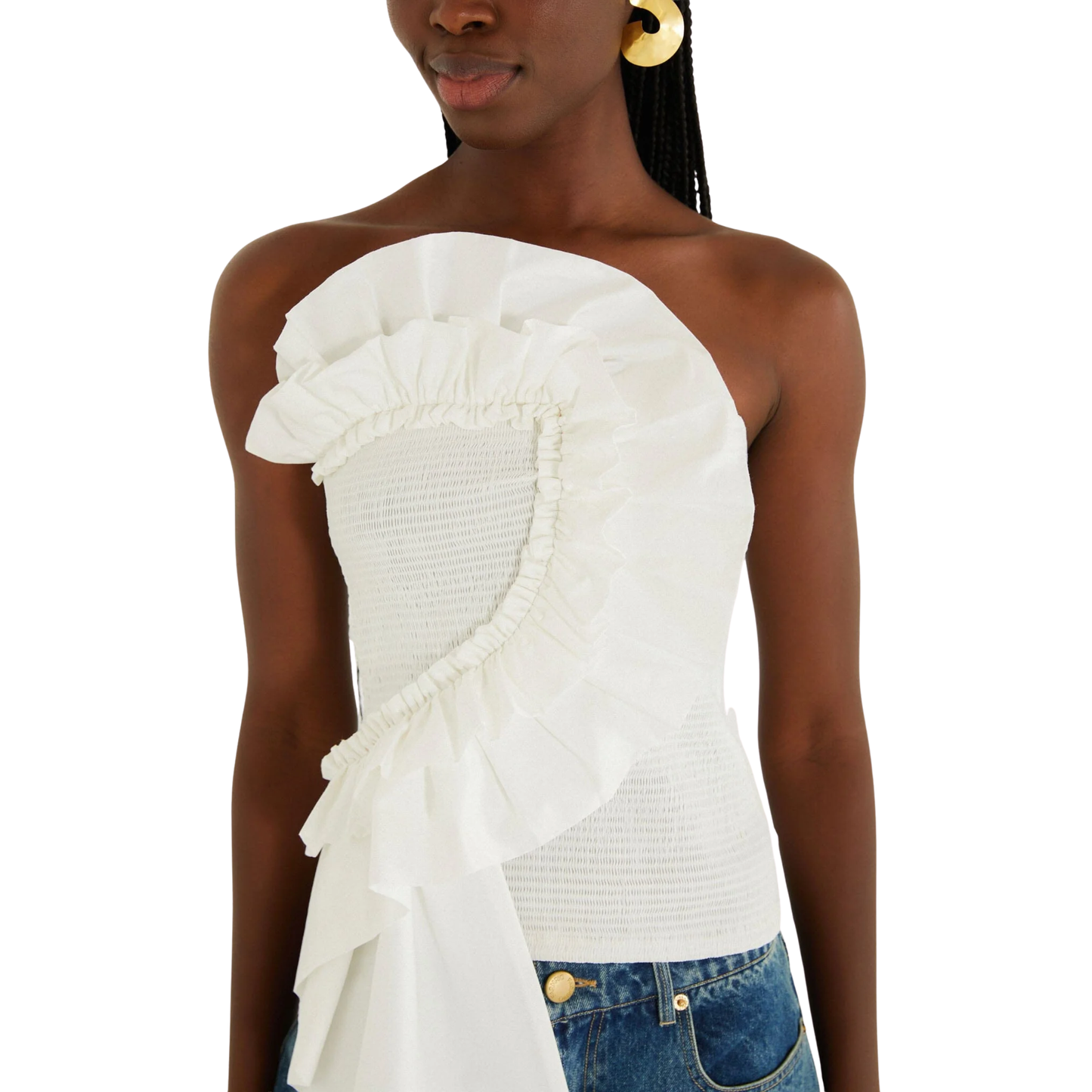 SMOCKED STRAPLESS TOP WHITE