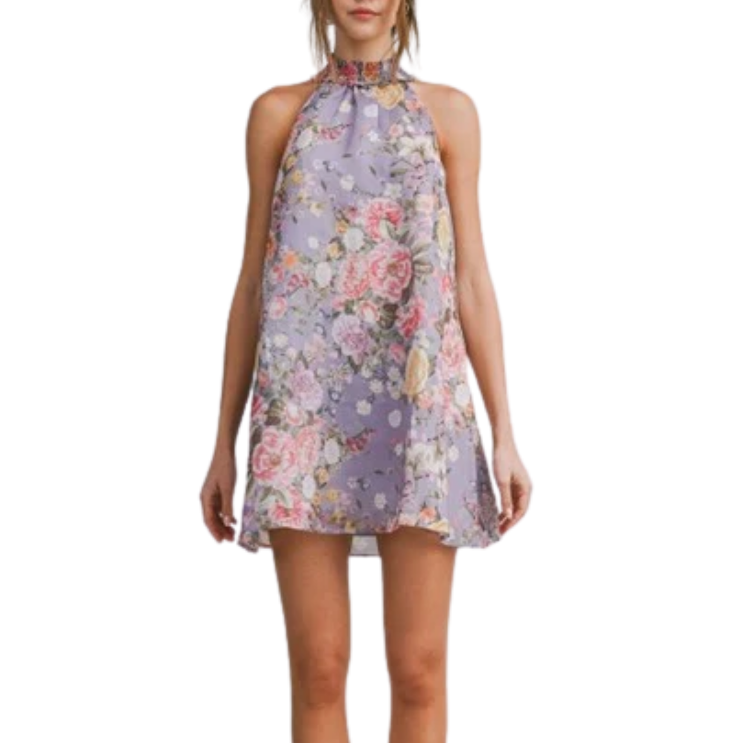 FLORAL HALTER MINI DRESS LAVENDAR