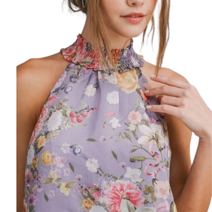 FLORAL HALTER MINI DRESS LAVENDAR