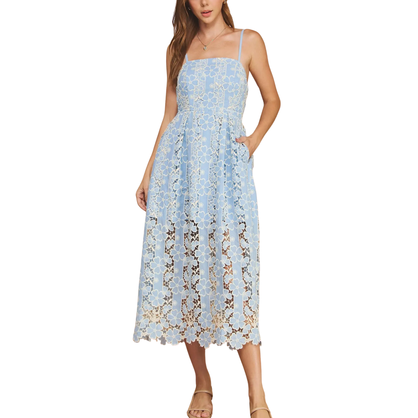 FLORAL LACE MIDI DRESS CHAMBRAY