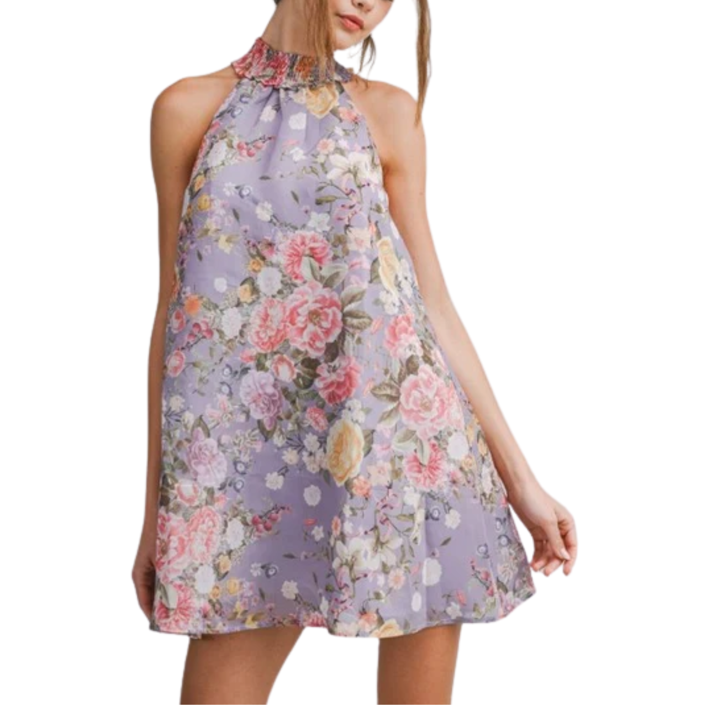 FLORAL HALTER MINI DRESS LAVENDAR