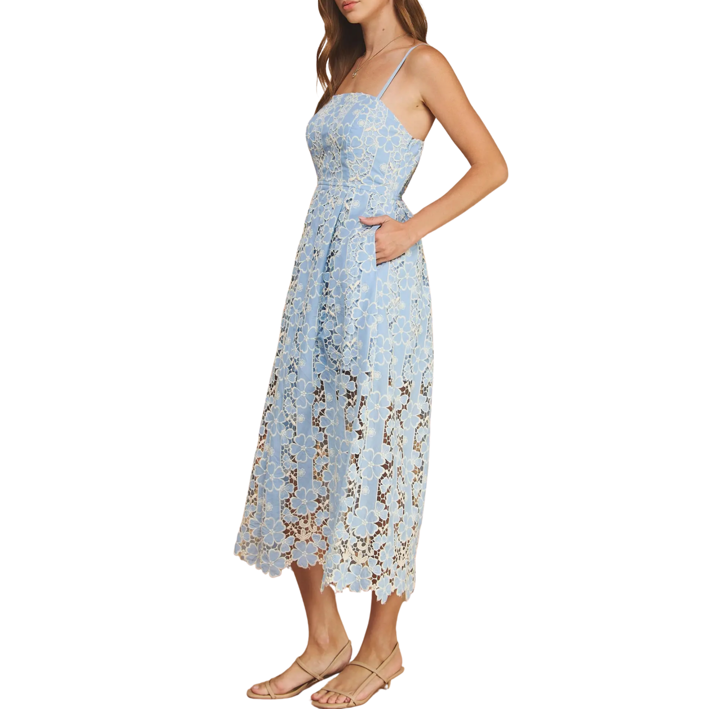 FLORAL LACE MIDI DRESS CHAMBRAY