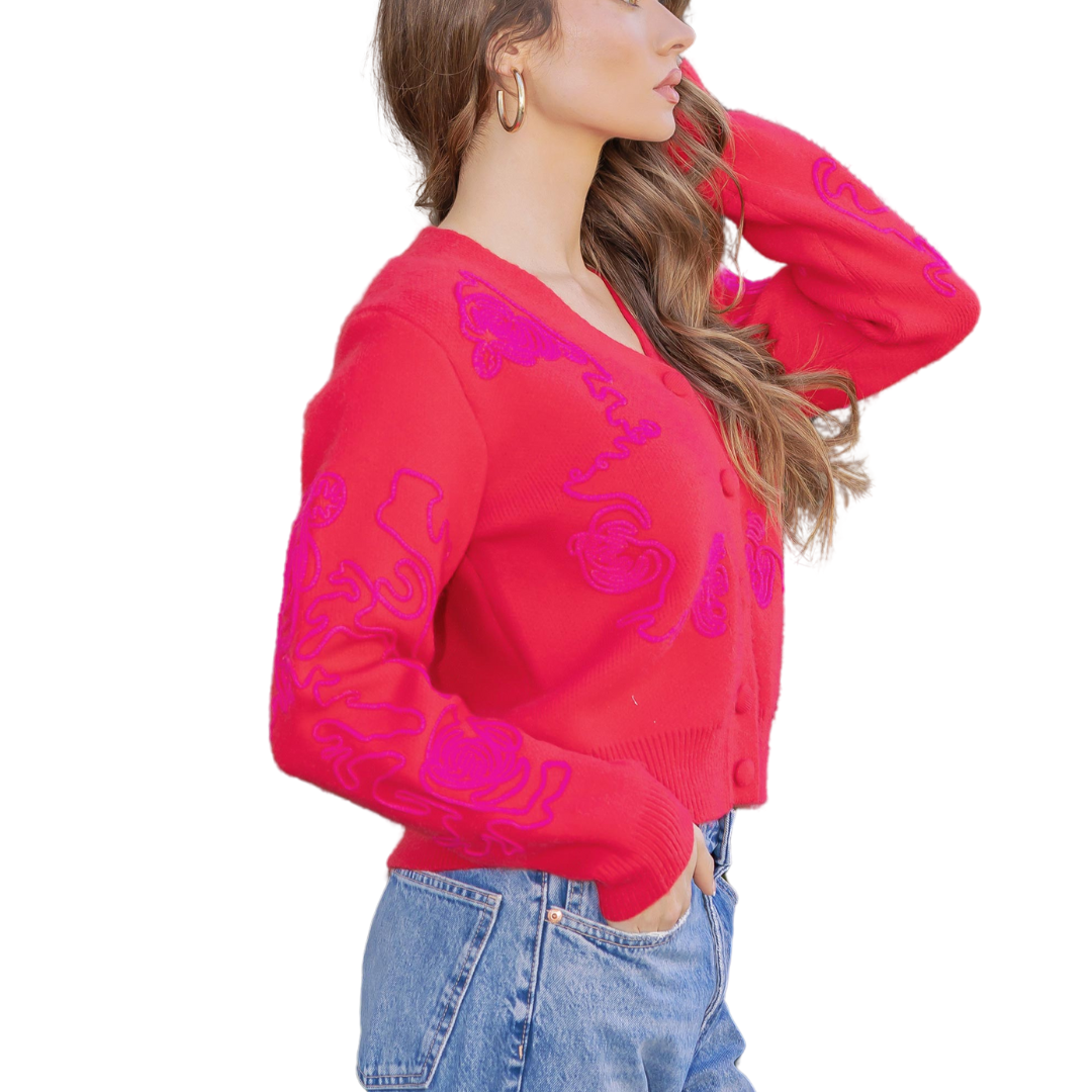 FLORAL EMBROIDERED CARDIGAN RED