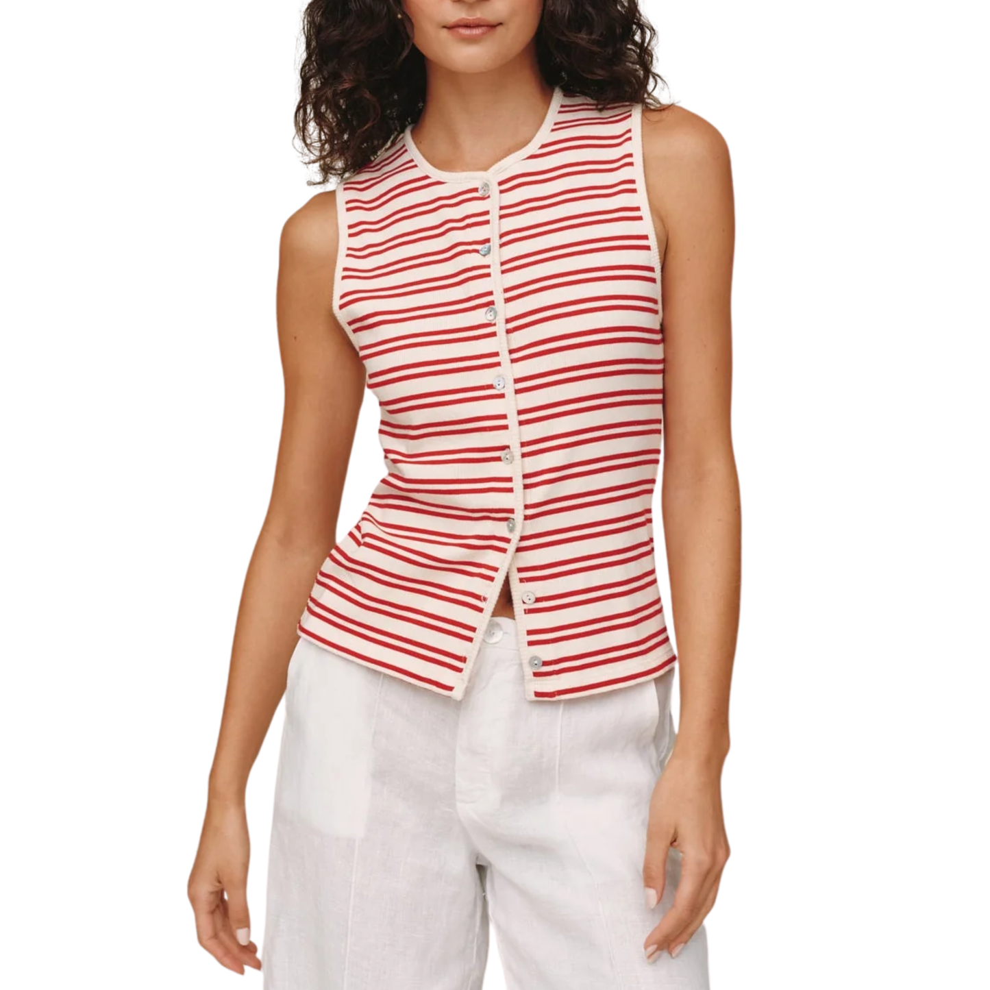 SLEEVELESS BUTTON DOWN TOP SUNSET SAIL STRIPE