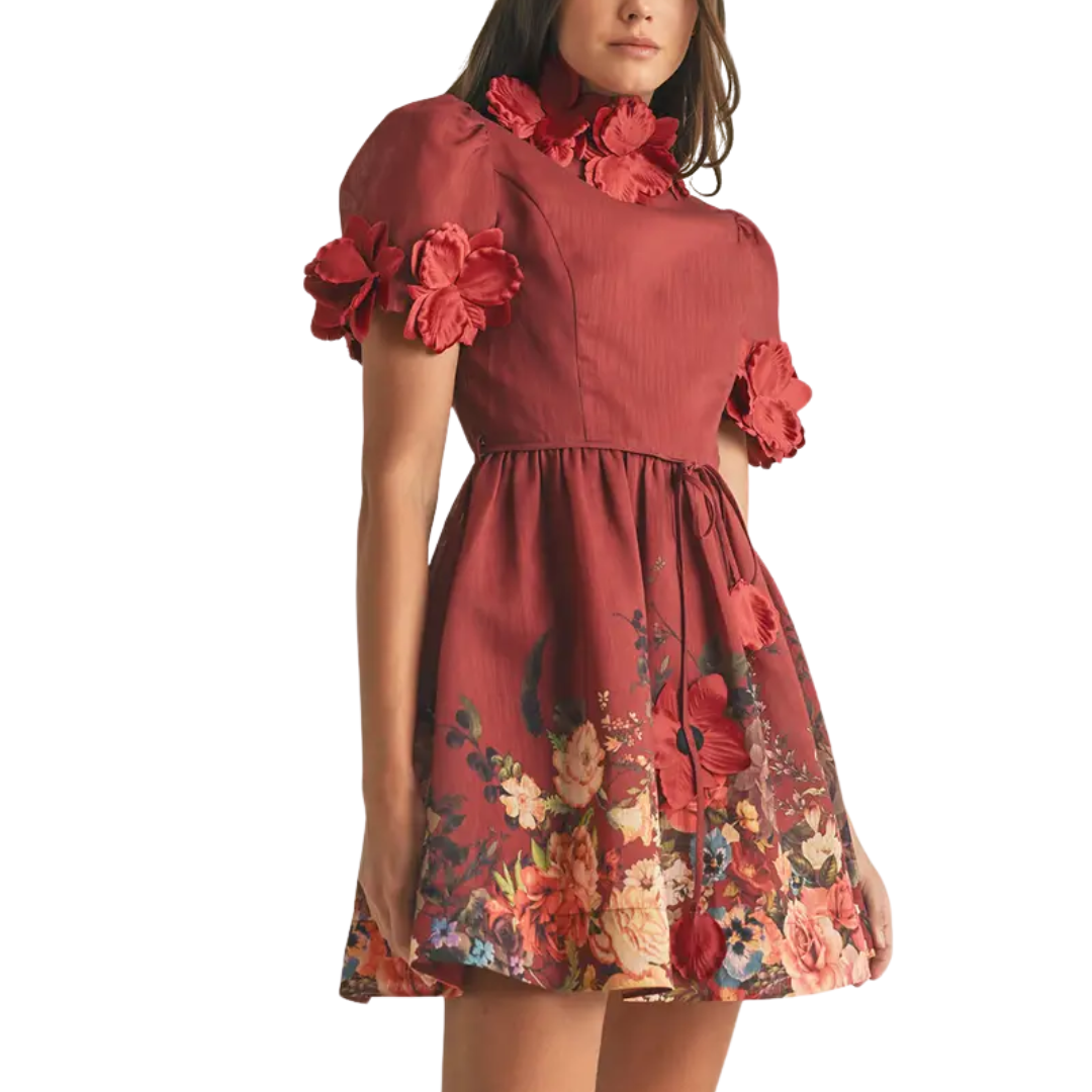 FLORAL HIGH NECK MINI DRESS BURGUNDY