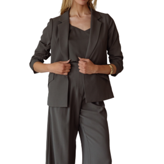 OLIVE SHIRRED SLEEVE BLAZER