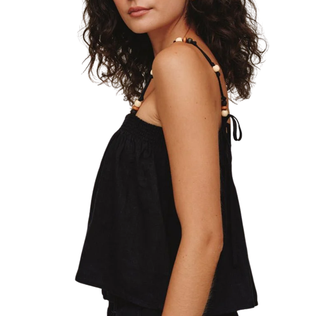 SMOCKED BEADED STRAP TANK BLACK