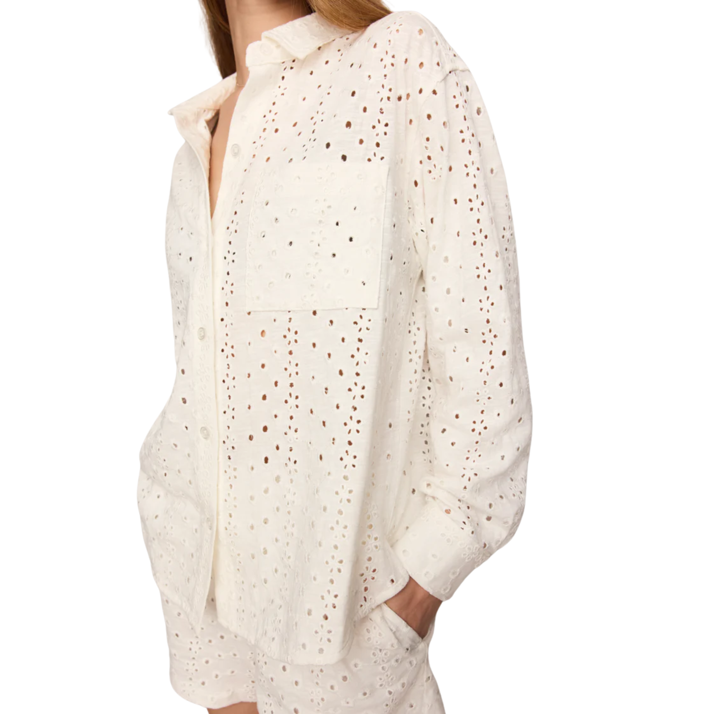 ELISE KNIT EYELET BUTTON UP WHITE